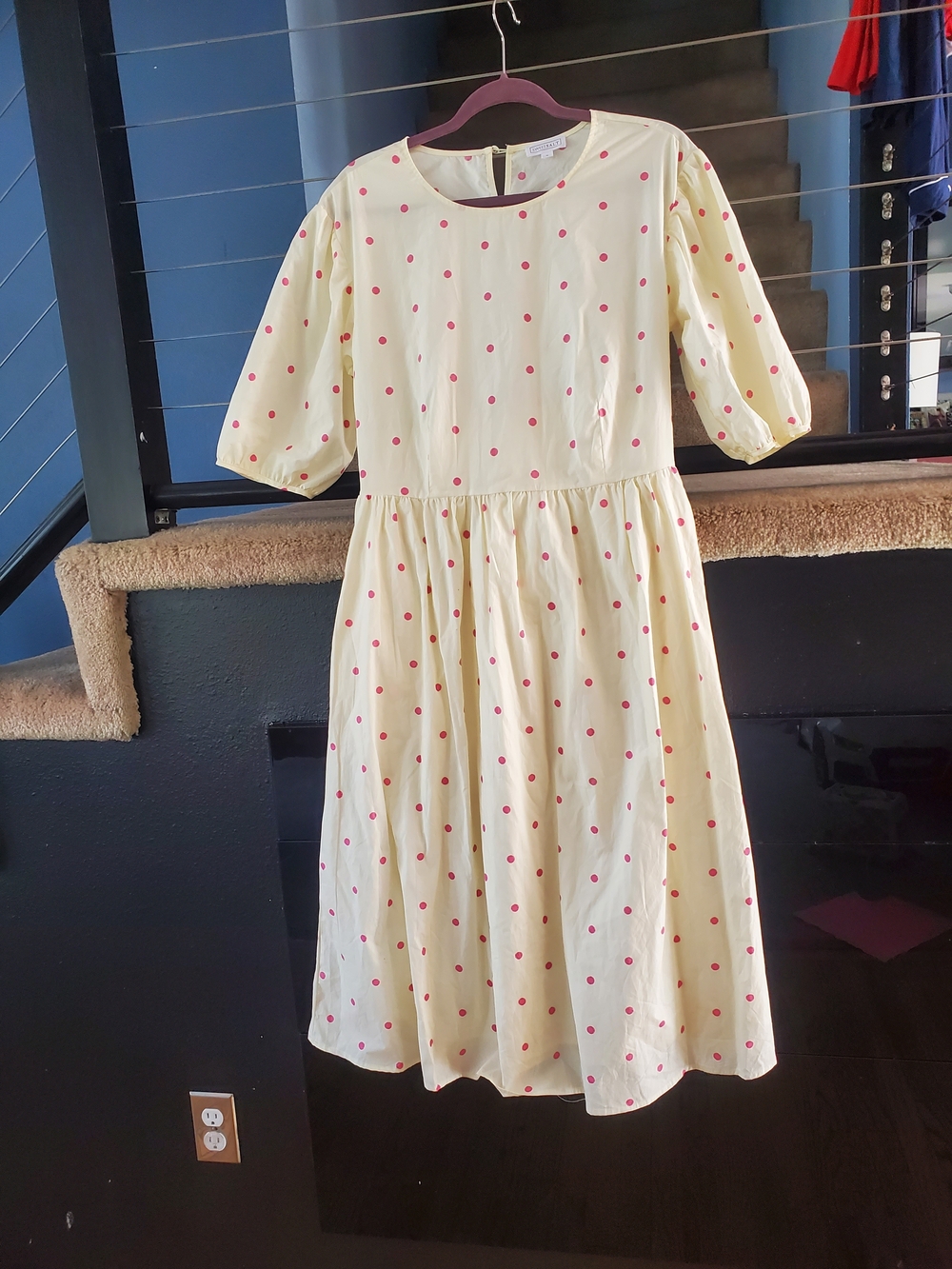 Cream Maxi Dress with Pink Polka Dots — Feminine Puff Sleeve Maxi